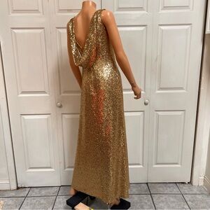 Christina Wu Gold Sequin Maxi Formal Cocktail Gown Dress Sz 6 Sz 14 Open Back